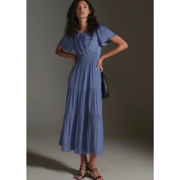 Anthropologie Dress Women Small The Somerset Maxi Blue Tiered Boho Romantic Flow - Picture 1 of 13